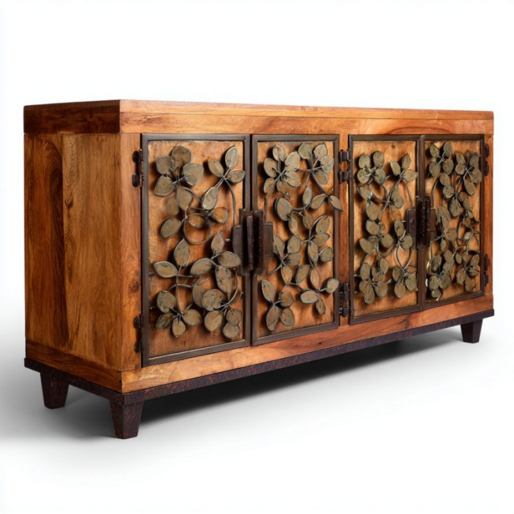 Credenza in Legno di Acacia con 4 Ante e Decorazioni Floreali in Ferro