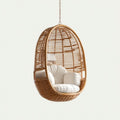 Poltrona Sospesa in Rattan Naturale con Cuscini Bianchi