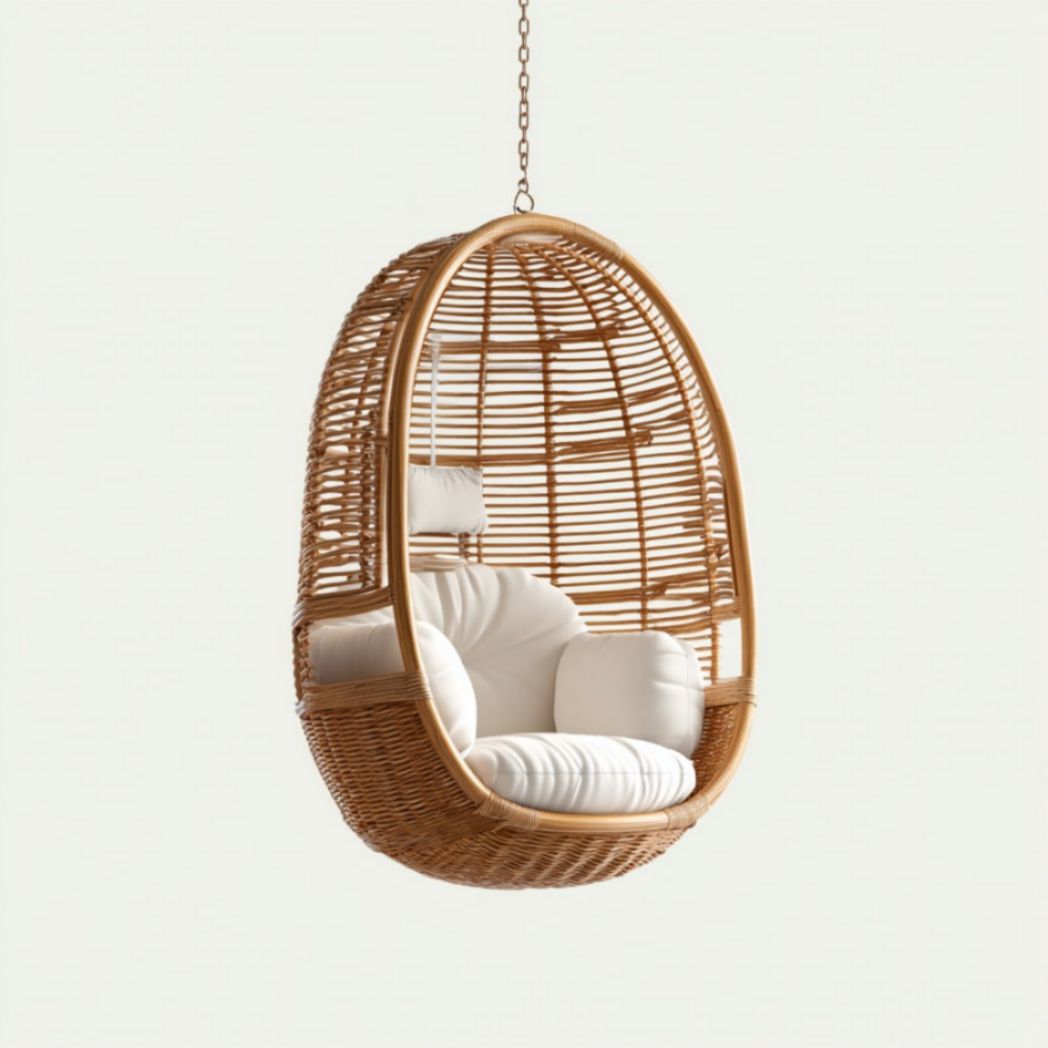 Poltrona Sospesa in Rattan Naturale con Cuscini Bianchi