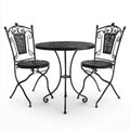 Set da giardino in metallo nero con tavolo rotondo e due sedie decorate