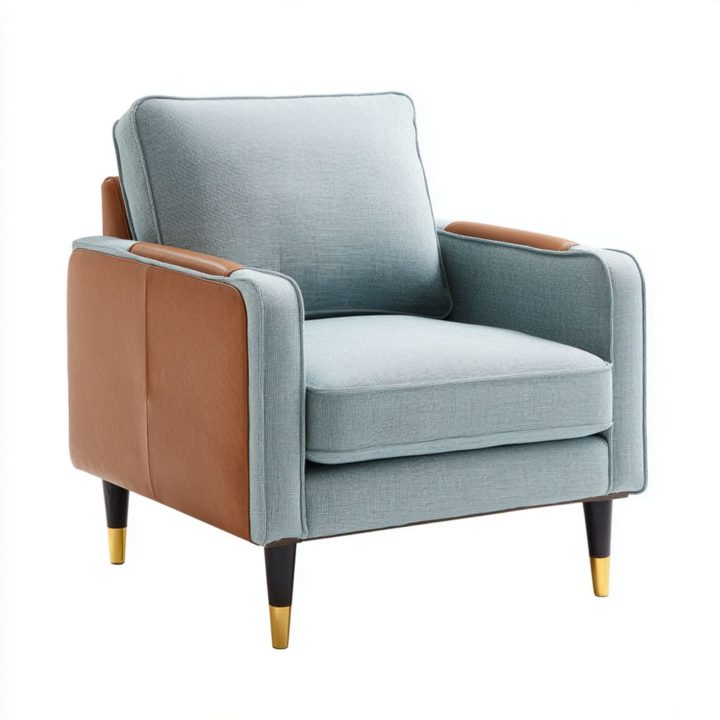 Poltrona in tessuto azzurro con dettagli in pelle marrone e gambe in legno