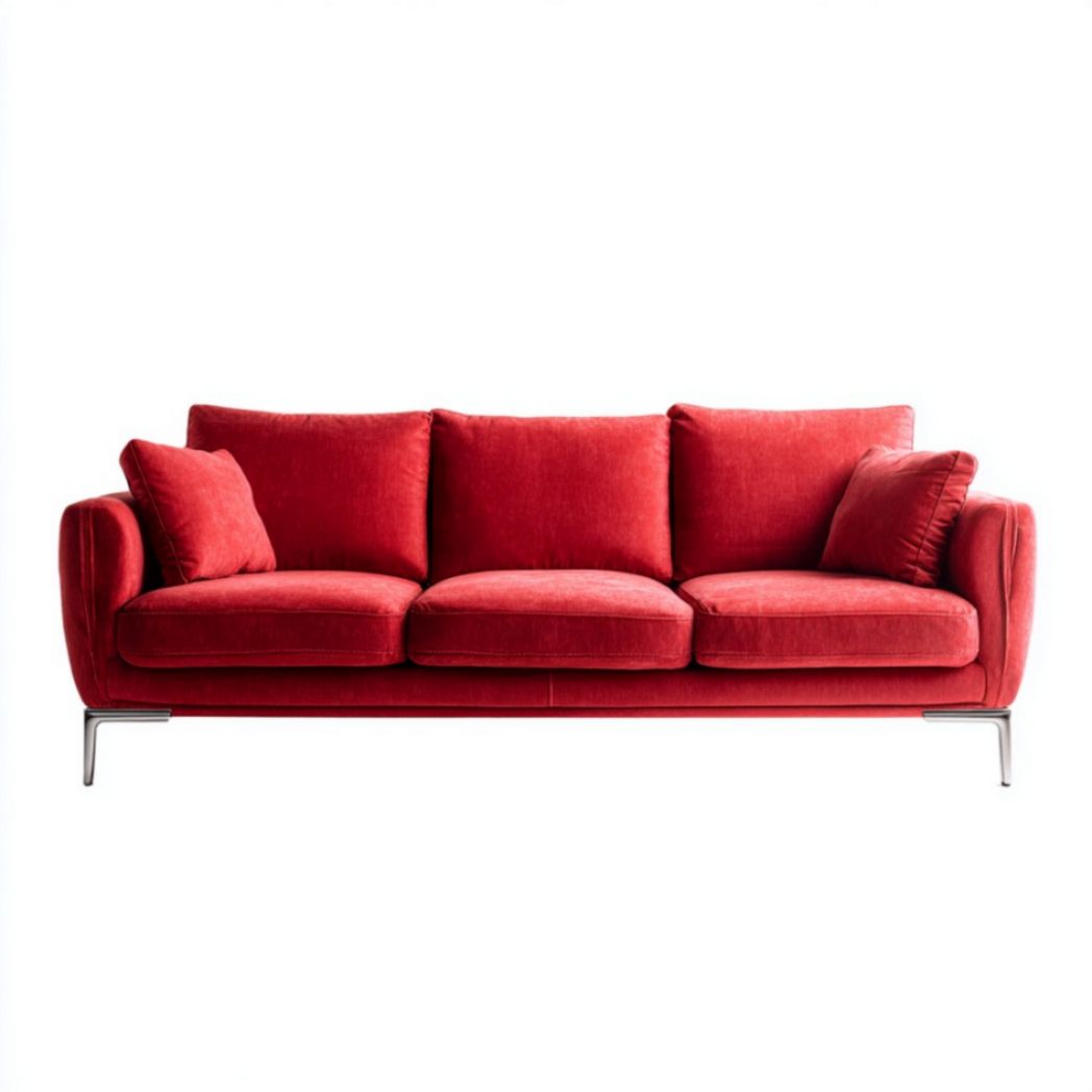 Divano a tre posti in tessuto rosso con gambe a L in acciaio cromato