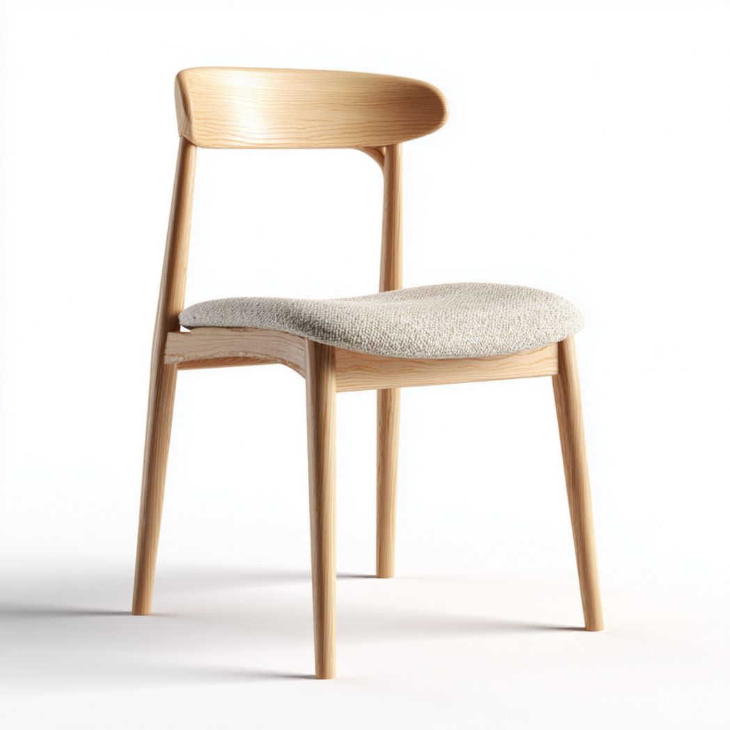 Sedia in legno di frassino naturale con seduta imbottita in tessuto grigio chiaro