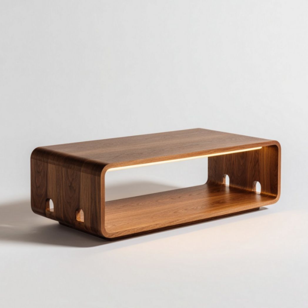 Tavolino da Salotto Rettangolare in Legno di Noce con Vano a Giorno e Illuminazione LED Integrata