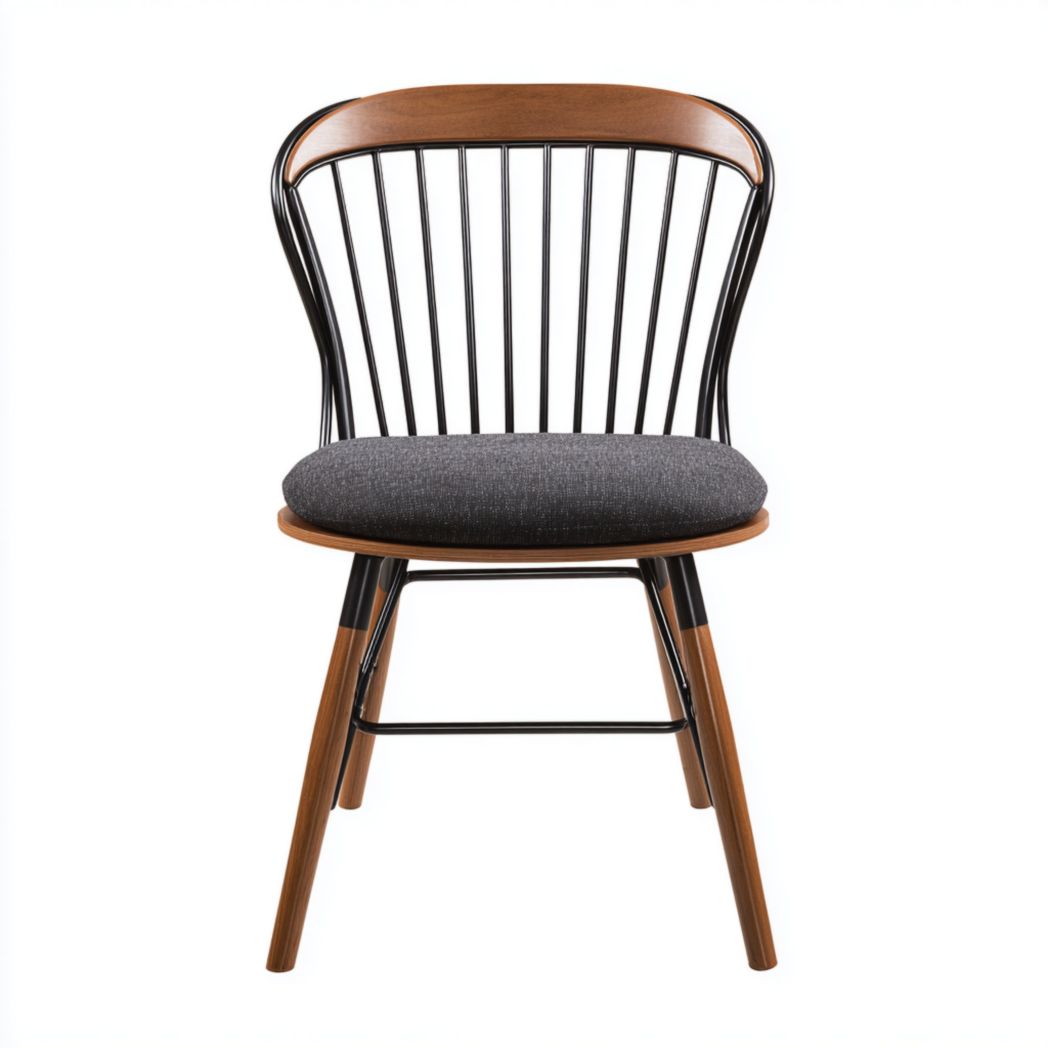 Sedia in metallo nero e legno di noce con seduta imbottita in tessuto grigio